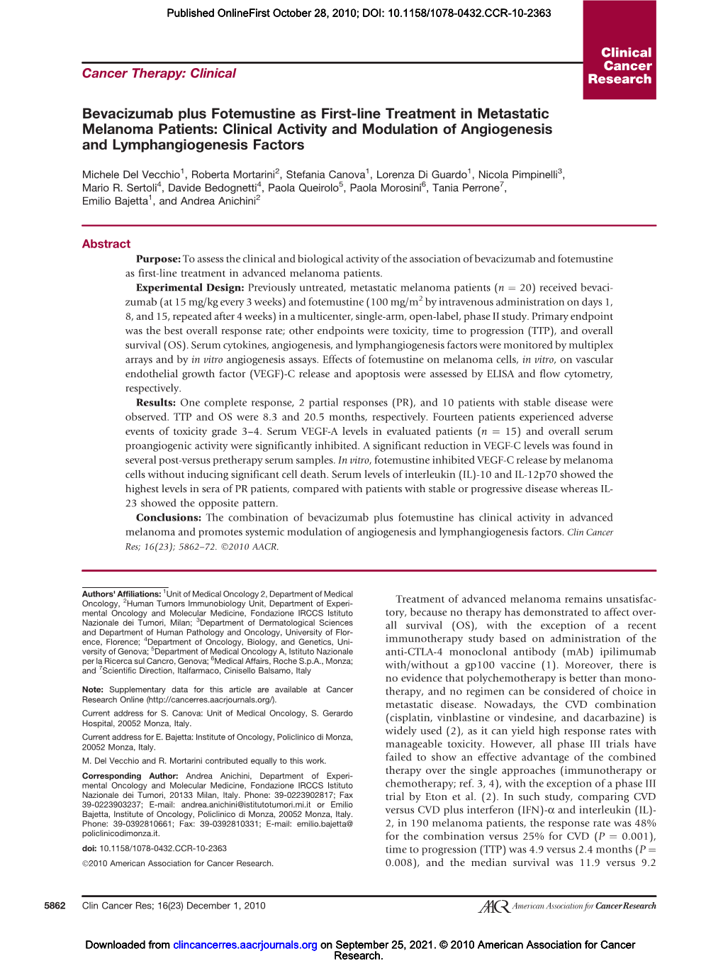 Bevacizumab Plus Fotemustine As First-Line Treatment in Metastatic Melanoma Patients: Clinical Activity and Modulation of Angiogenesis and Lymphangiogenesis Factors