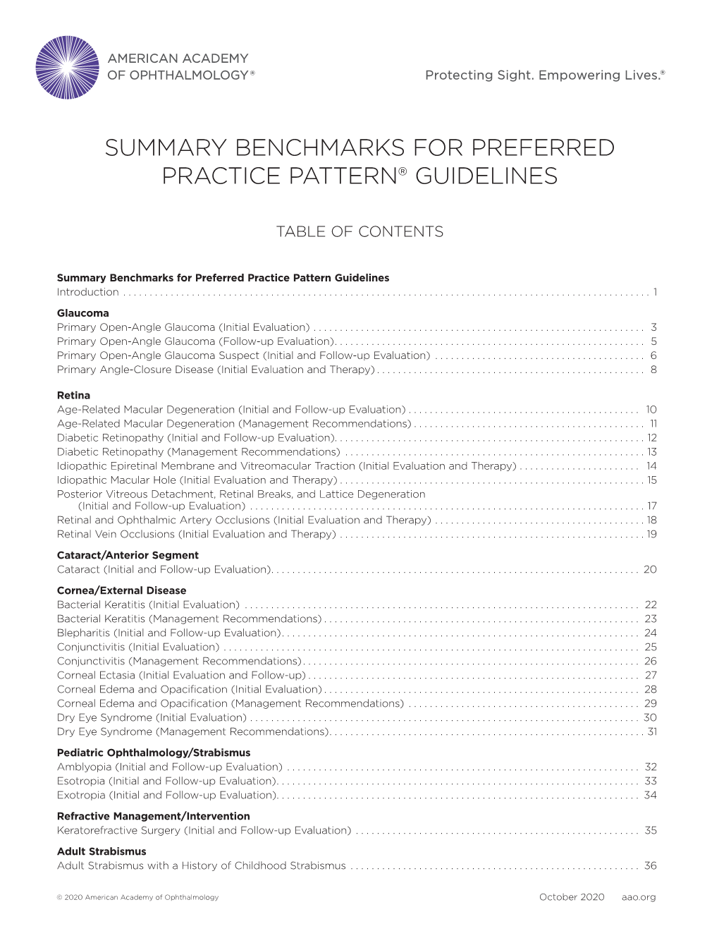Summary Benchmarks for Preferred Practice Pattern® Guidelines