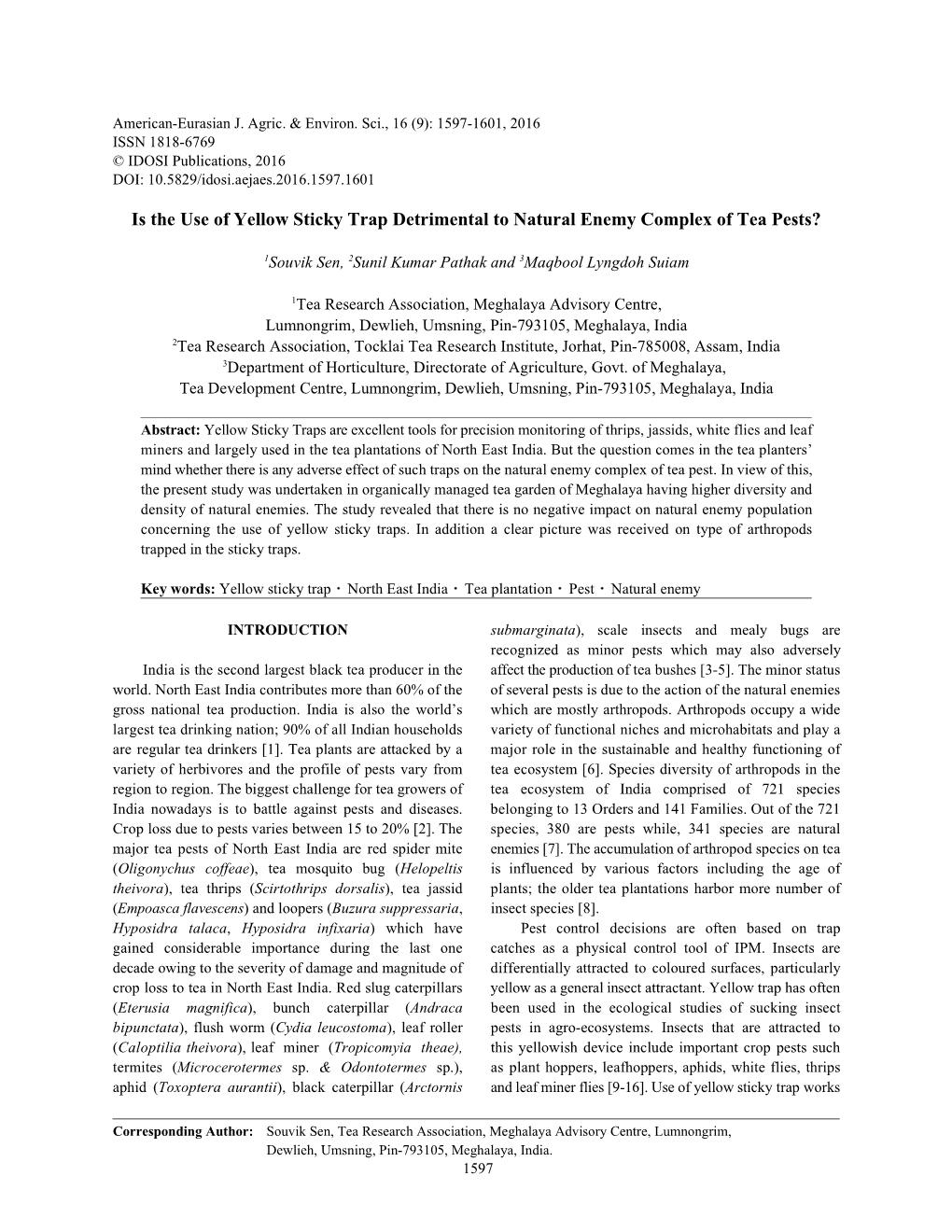 Is the Use of Yellow Sticky Trap Detrimental to Natural Enemy Complex of Tea Pests?