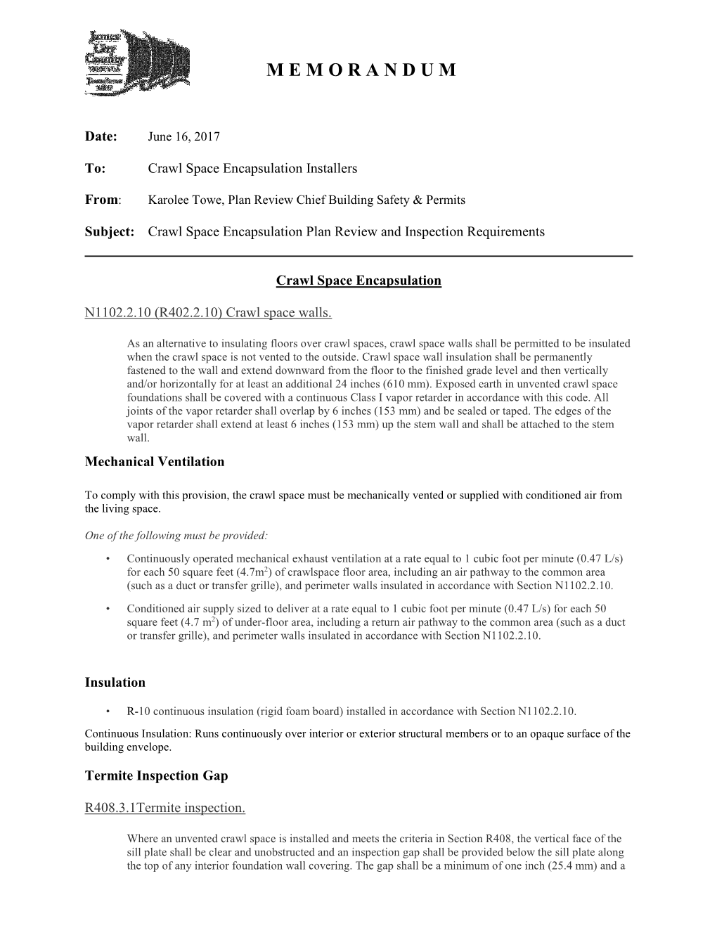 Crawl Space Encapsulation Plan Review and Inspection Requirements