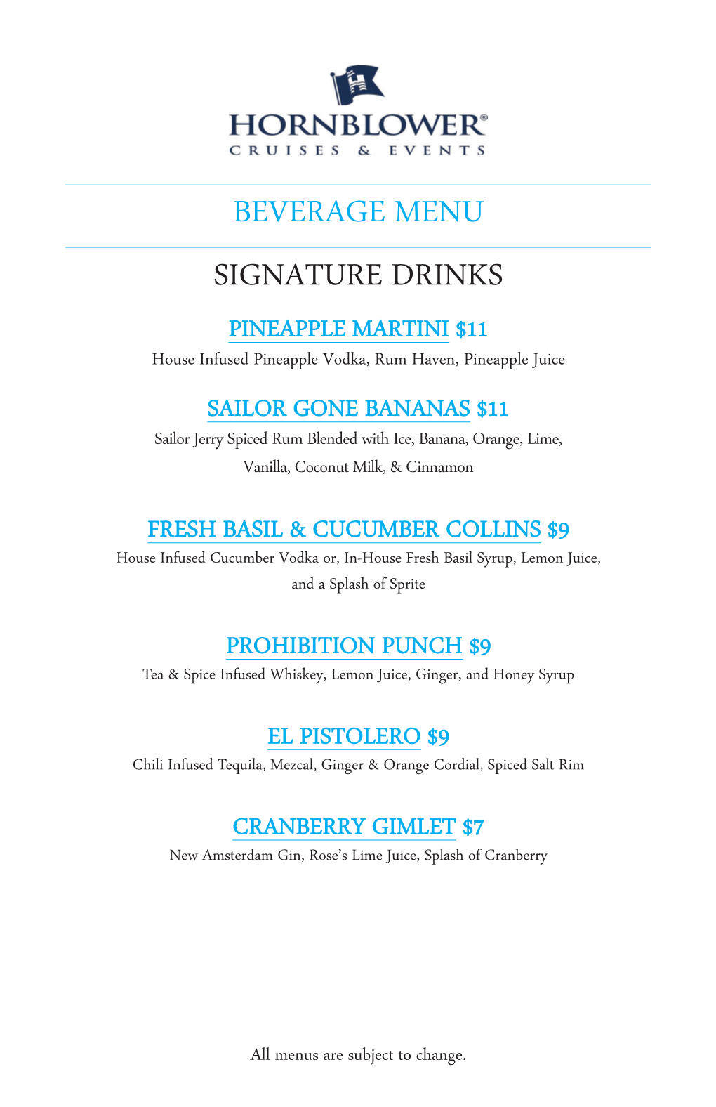 Beverage Menu Signature Drinks