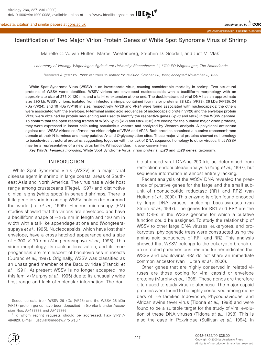 Identification of Two Major Virion Protein Genes of White Spot Syndrome Virus of Shrimp