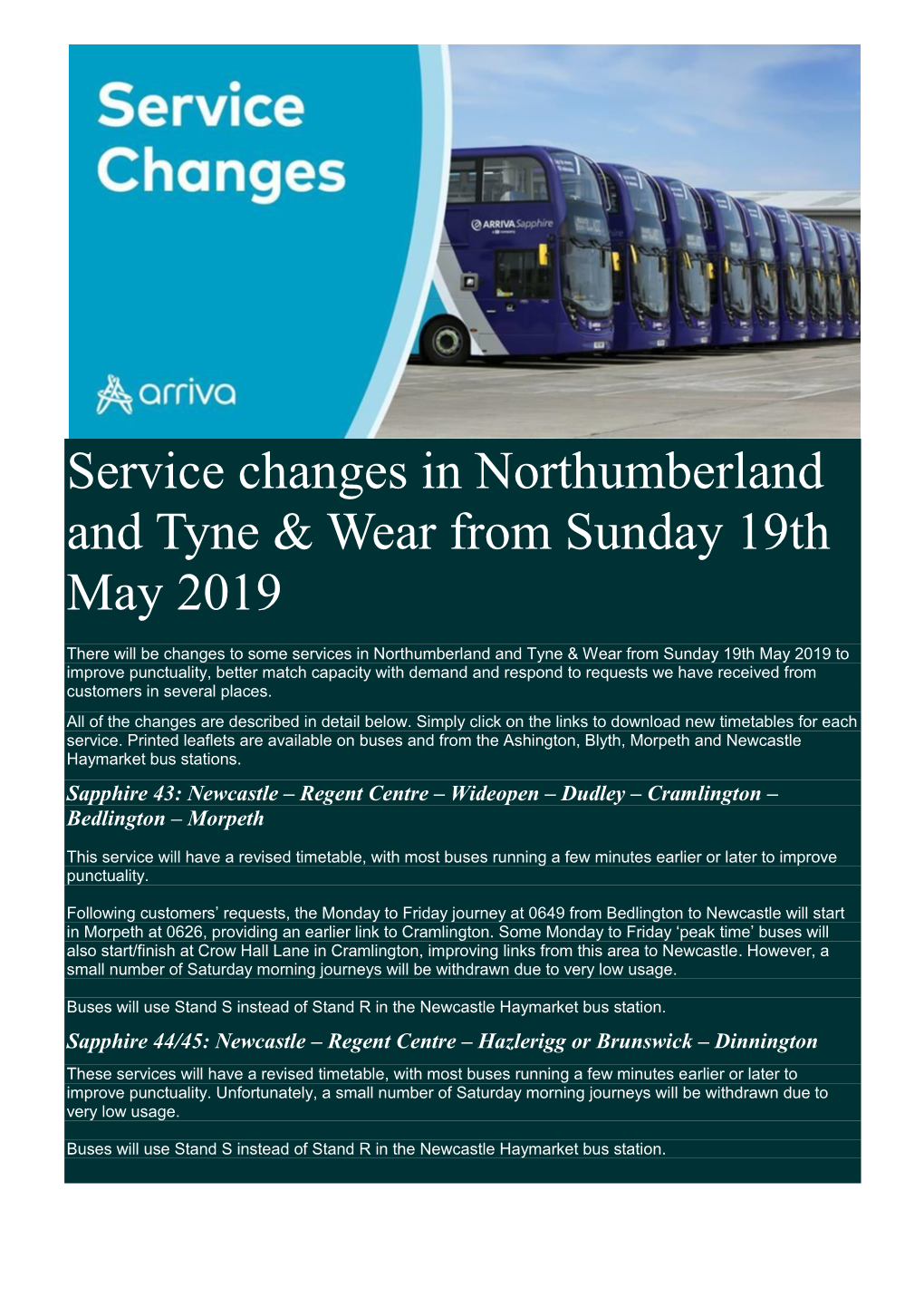 Service Changes in Northumberland and Tyne & Wear from Sunday 19Th