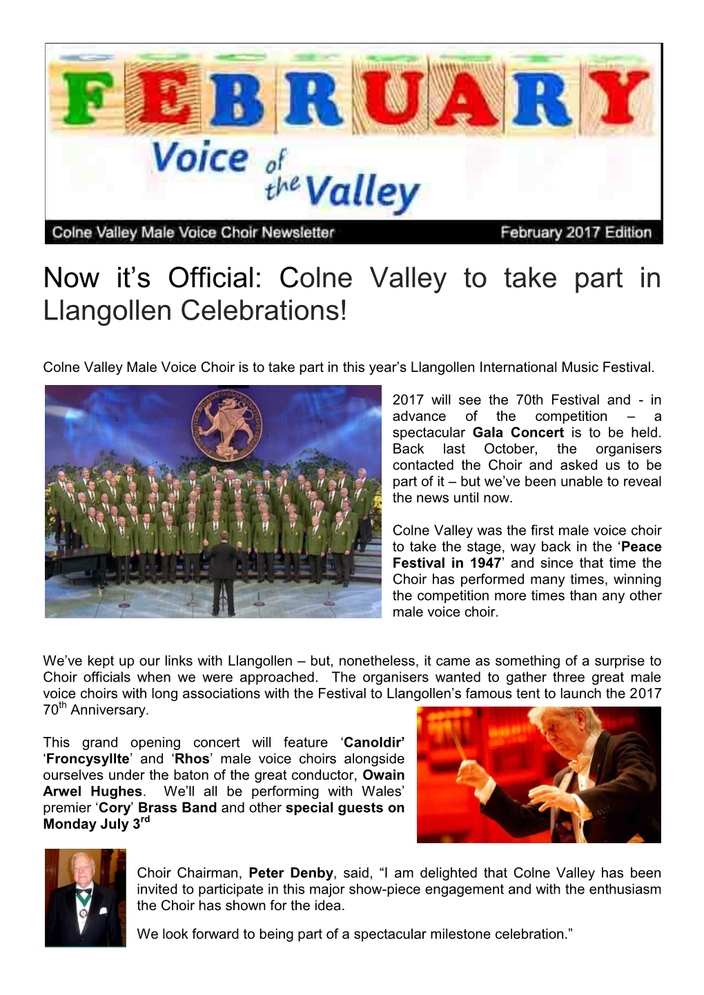 Now It's Official: C Olne Valley to Take Part in Llangollen Celebrations!