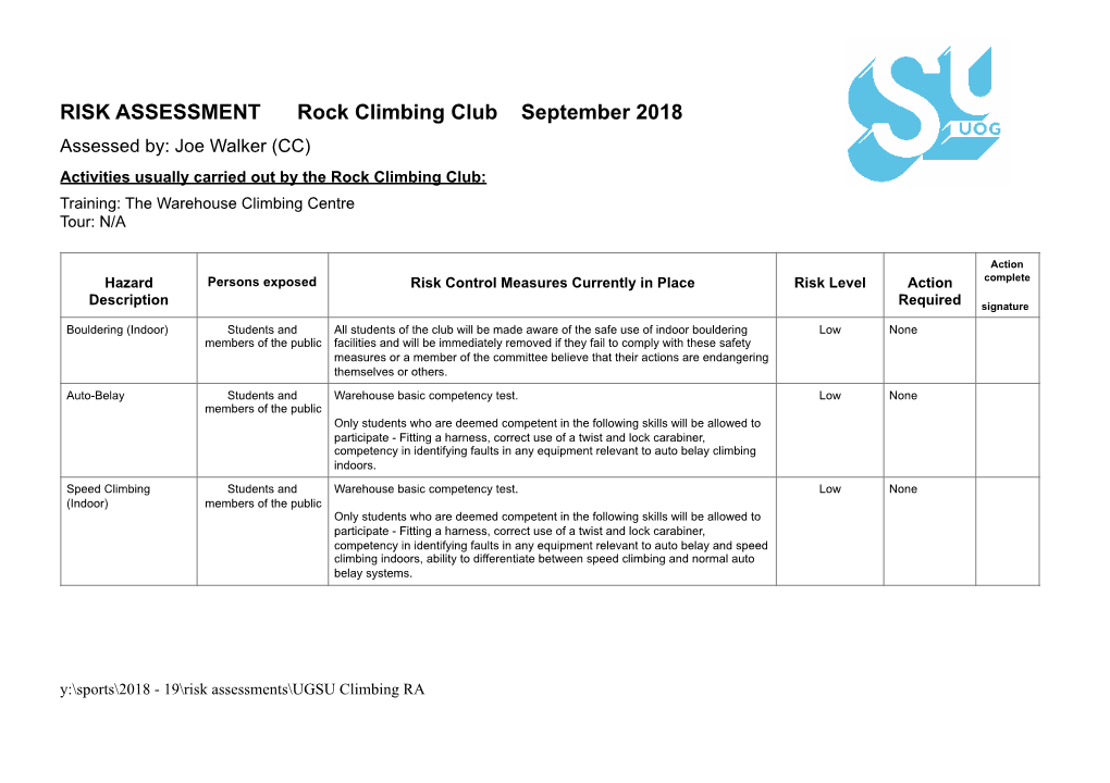 RISK ASSESSMENT Rock Climbing Club September 2018