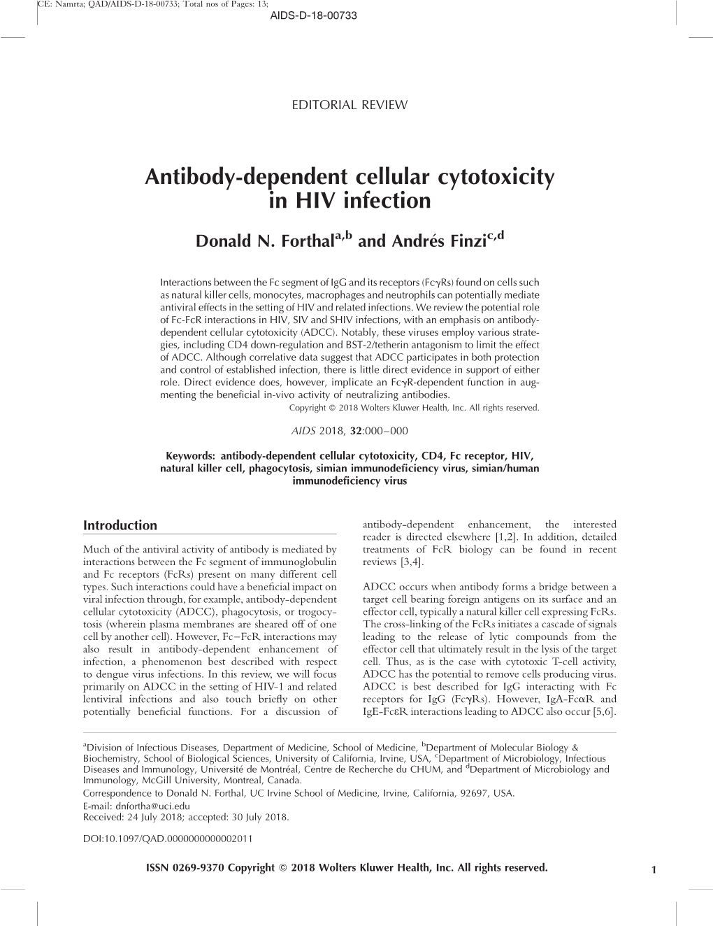 Antibody-Dependent Cellular Cytotoxicity in HIV Infection