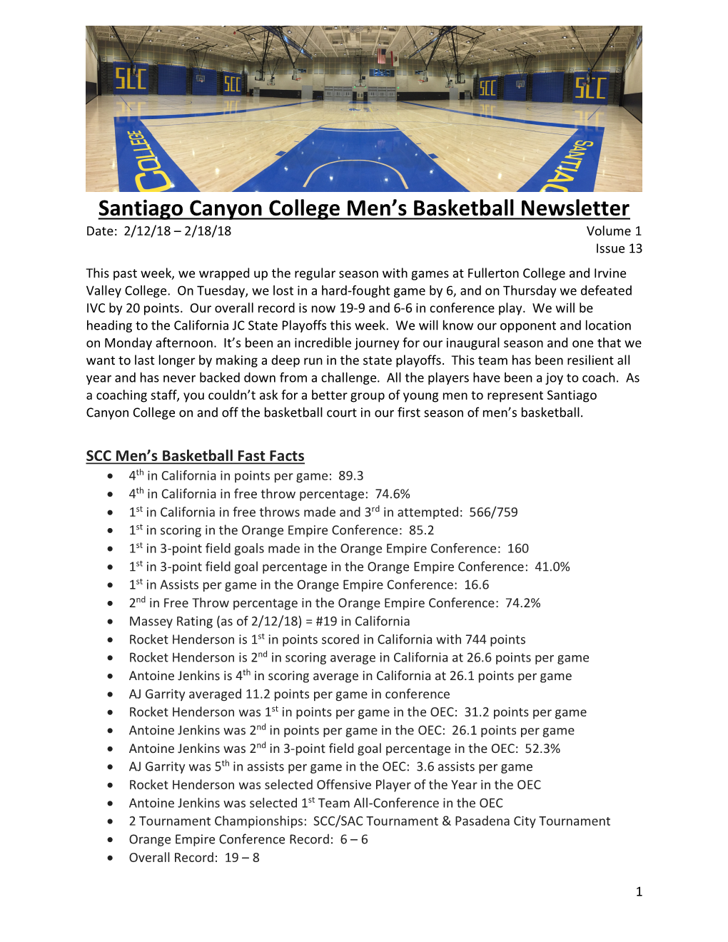 Santiago Canyon College Men's Basketball Newsletter