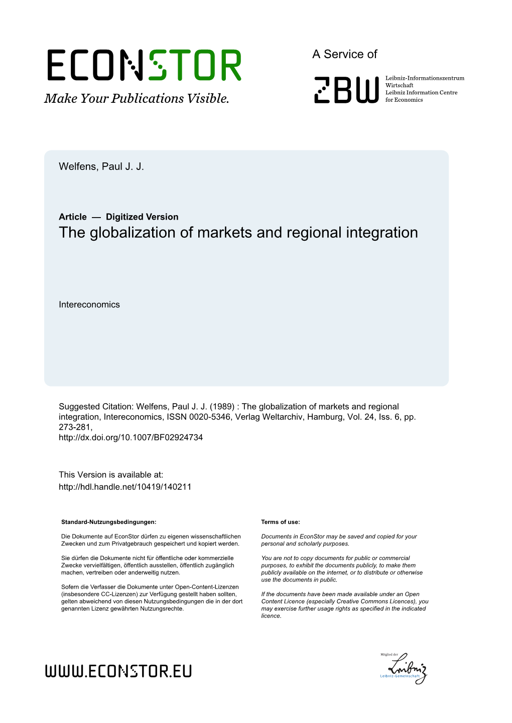 The Globalization of Markets and Regional Integration