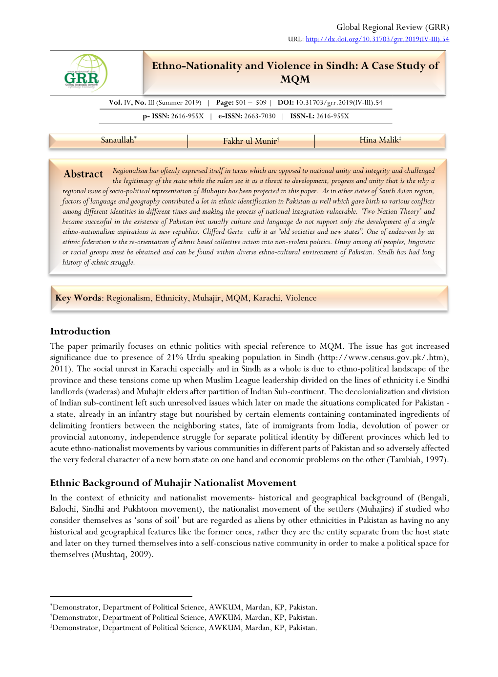 Ethno-Nationality and Violence in Sindh: a Case Study of MQM