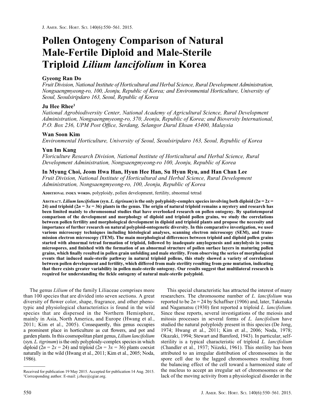 Pollen Ontogeny Comparison of Natural Male-Fertile Diploid and Male-Sterile Triploid Lilium Lancifolium in Korea