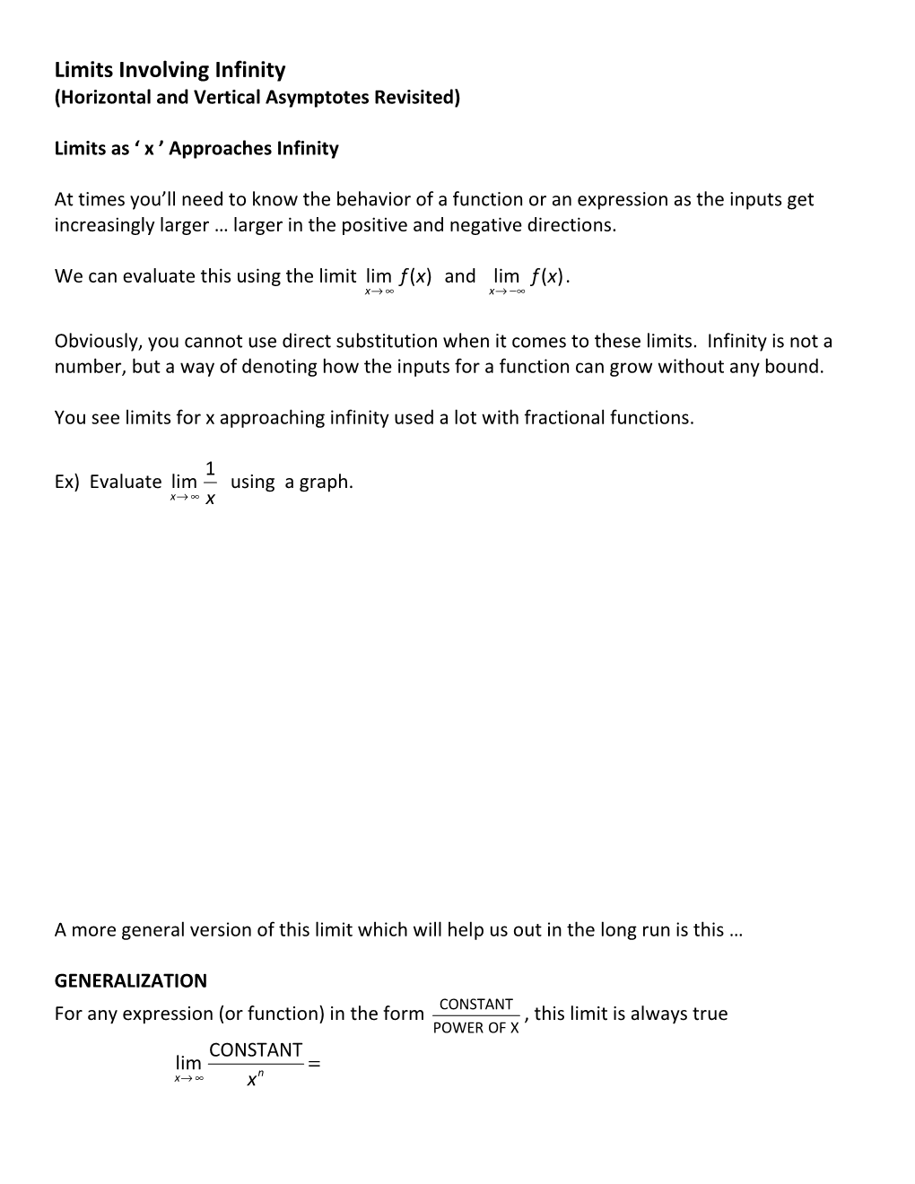 Limits Involving Infinity (Horizontal and Vertical Asymptotes Revisited)