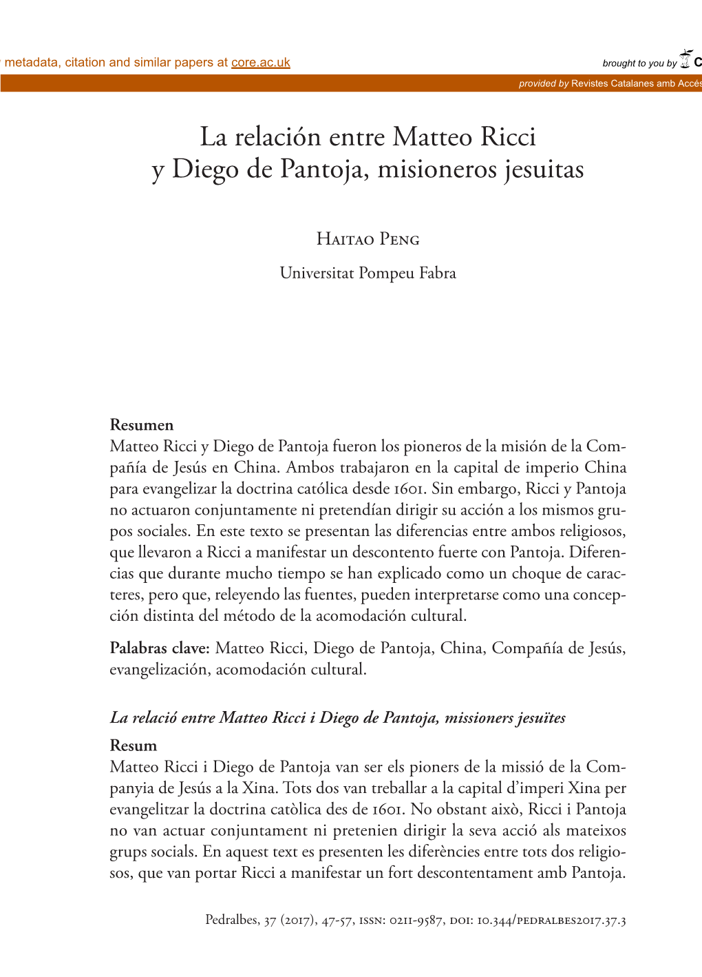 La Relación Entre Matteo Ricci Y Diego De Pantoja, Misioneros Jesuitas