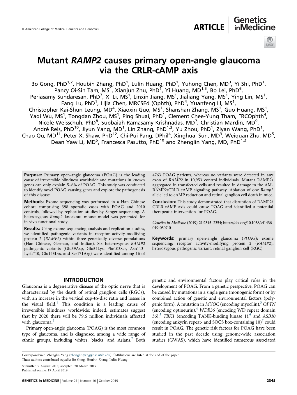 Mutant RAMP2 Causes Primary Open-Angle Glaucoma Via the CRLR-Camp Axis