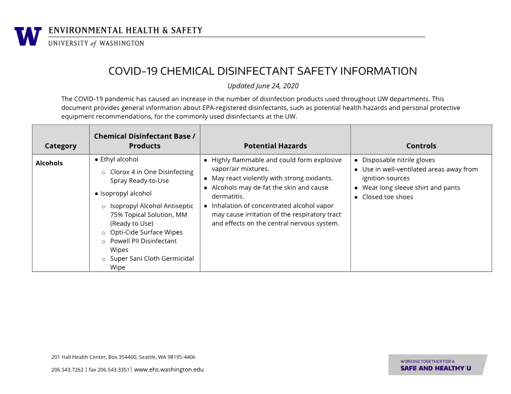 EH&S COVID-19 Chemical Disinfectant Safety Information