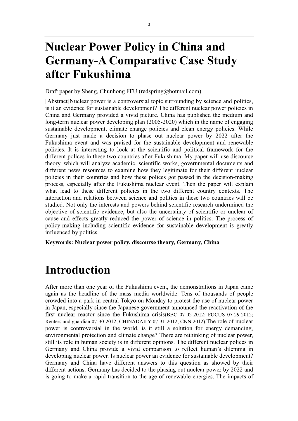 Nuclear Power Policy in China and Germany-A Comparative Case Study After Fukushima