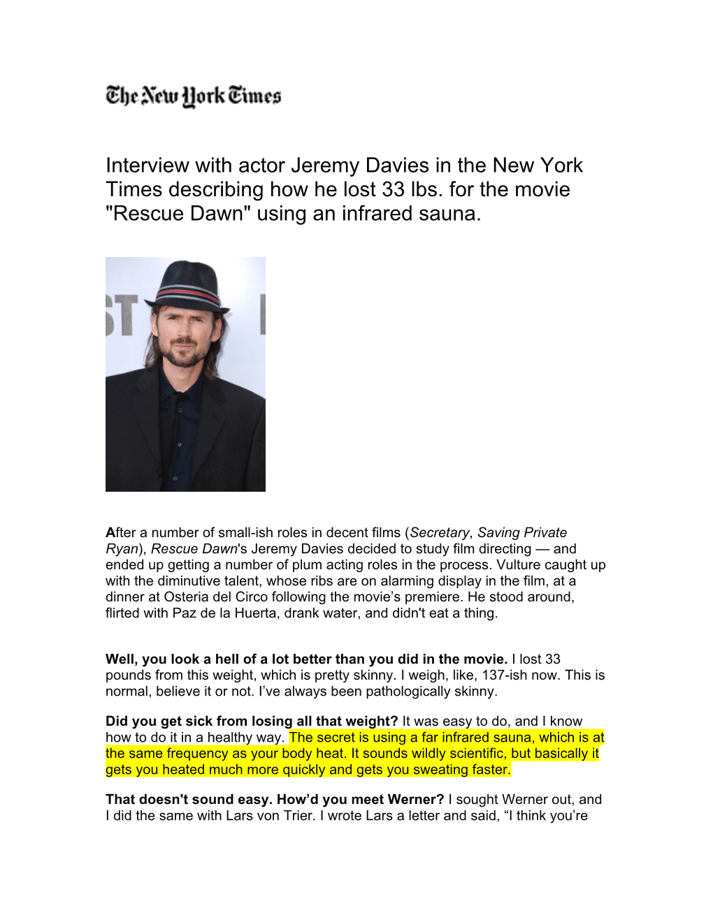 Interview with Actor Jeremy Davies in the New York Times Describing How He Lost 33 Lbs