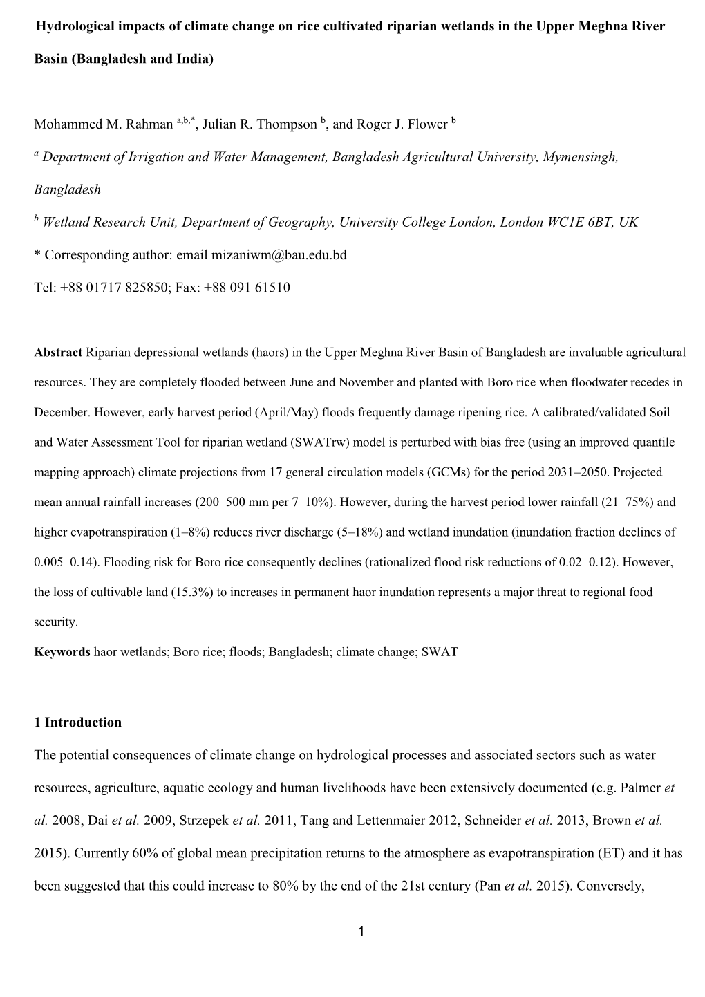 1 Hydrological Impacts of Climate Change on Rice