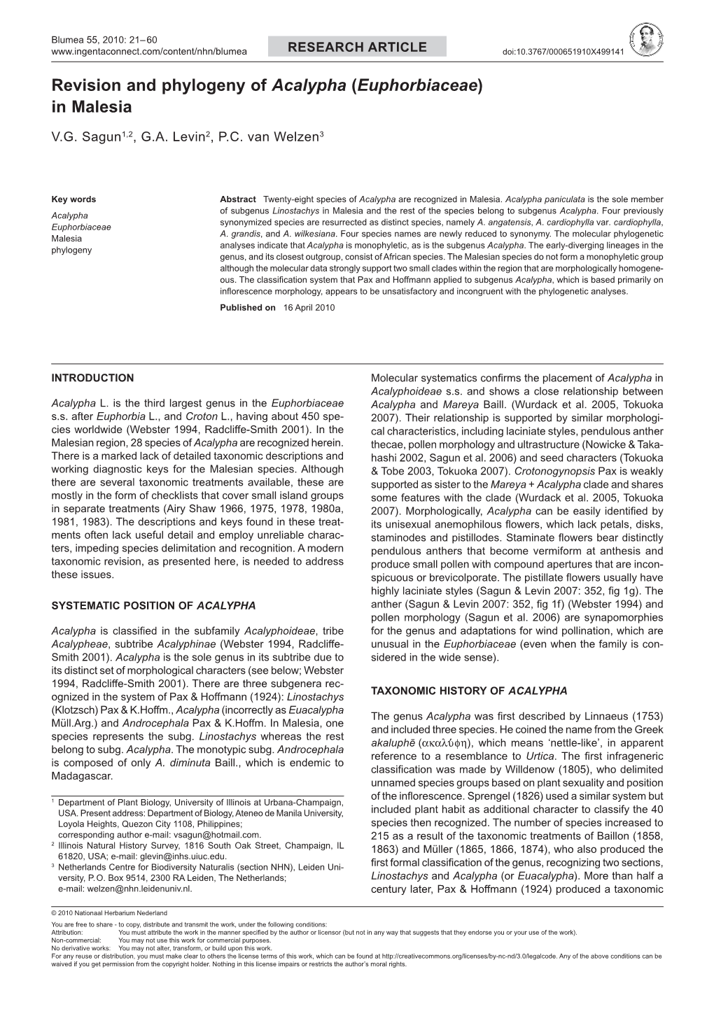 Revision and Phylogeny of Acalypha (Euphorbiaceae) in Malesia