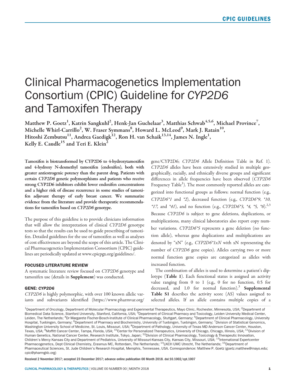 Guideline for CYP2D6 and Tamoxifen Therapy