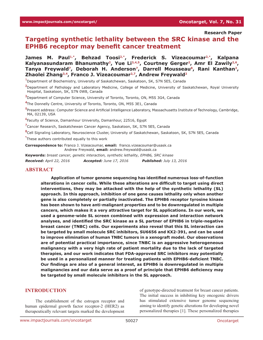 Targeting Synthetic Lethality Between the SRC Kinase and the EPHB6 Receptor May Benefit Cancer Treatment