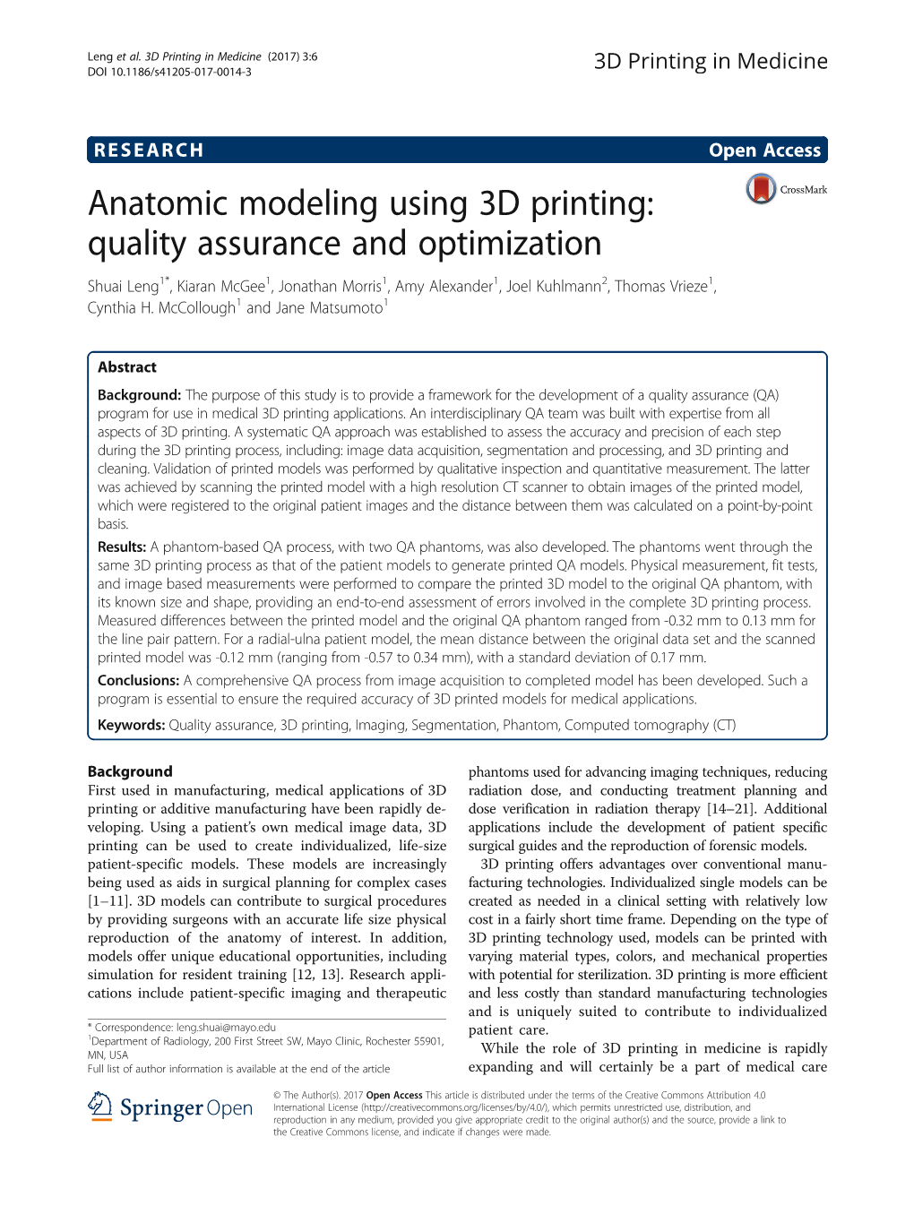 Anatomic Modeling Using 3D Printing: Quality Assurance and Optimization