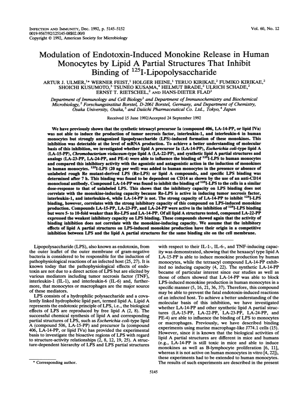 Modulation of Endotoxin-Induced Monokine Release in Human Monocytes by Lipid a Partial Structures That Inhibit Binding of '25I-Lipopolysaccharide