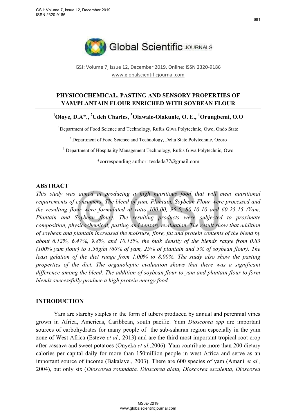 Physicochemical, Pasting and Sensory Properties of Yam/Plantain Flour Enriched with Soybean Flour