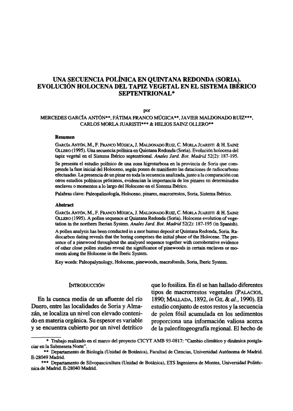 (Soria). Evolución Holocena Del Tapiz Vegetal En El Sistema Ibérico Septentrional*