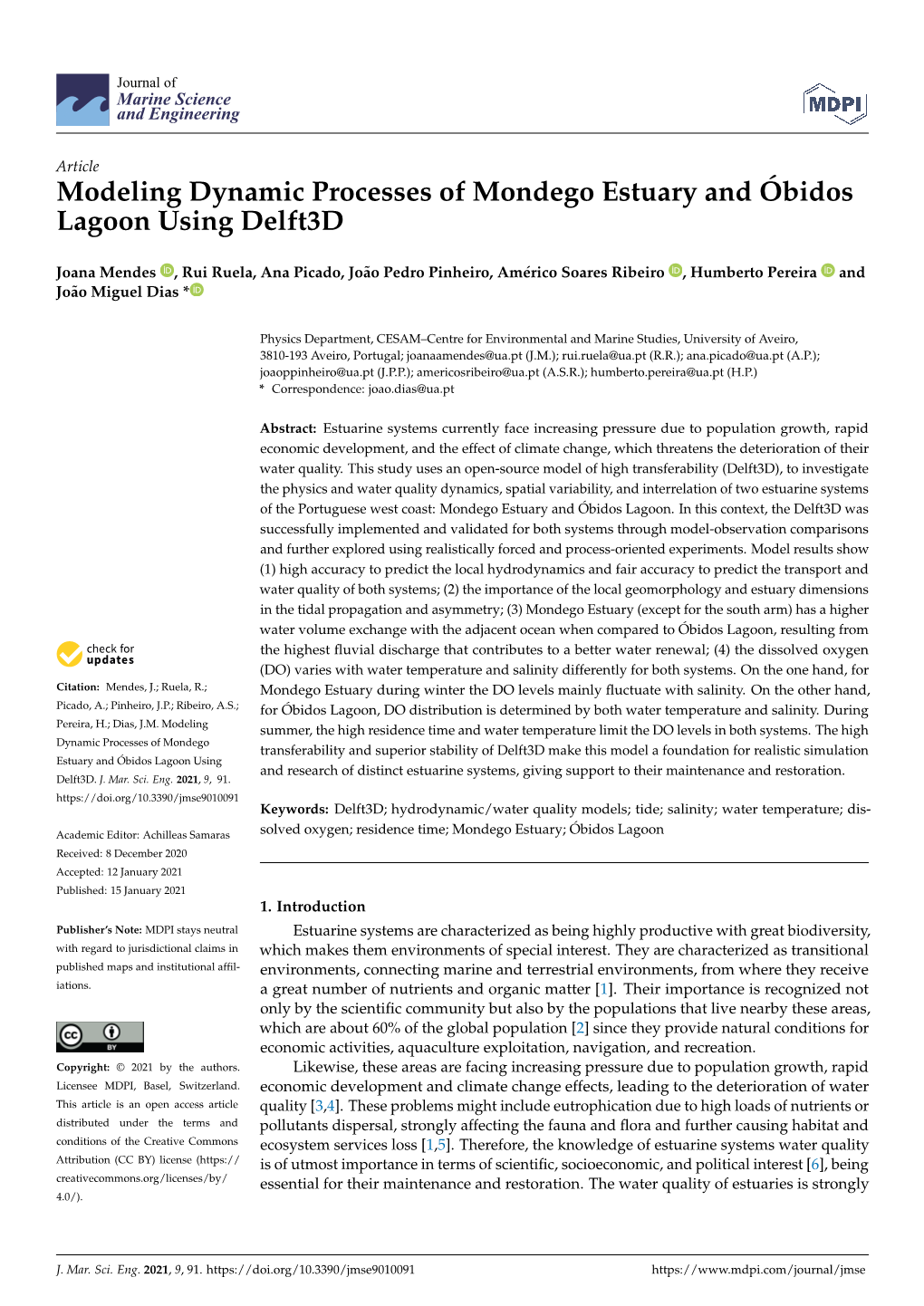Modeling Dynamic Processes of Mondego Estuary and Óbidos Lagoon Using Delft3d