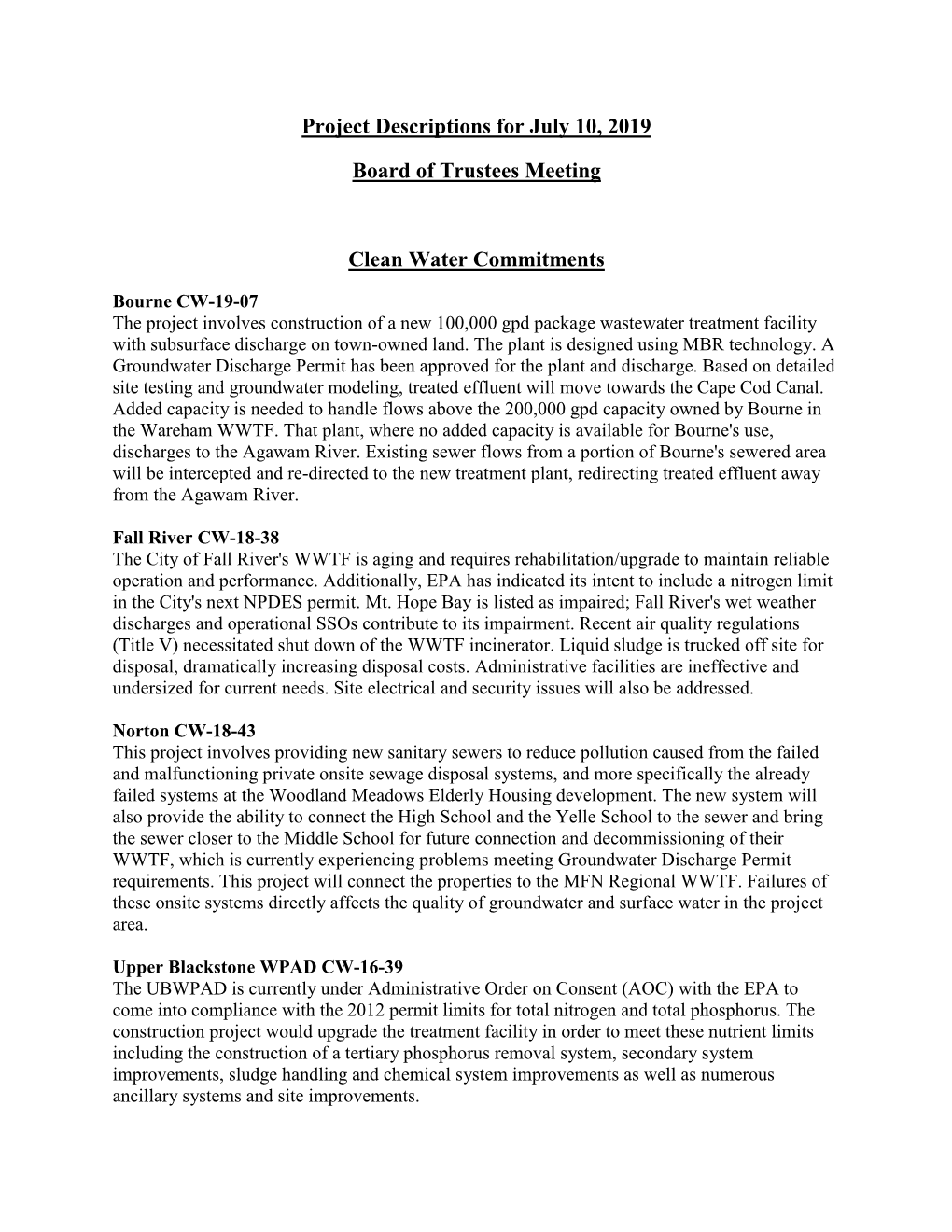 Project Descriptions for July 10, 2019 Board of Trustees Meeting Clean