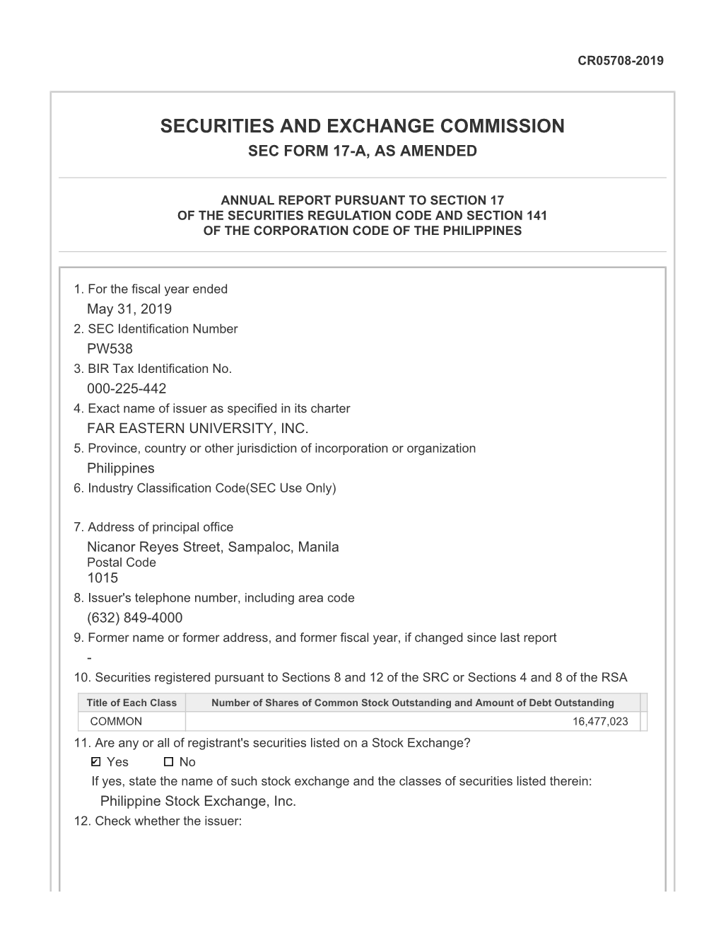 Securities and Exchange Commission Sec Form 17-A, As Amended