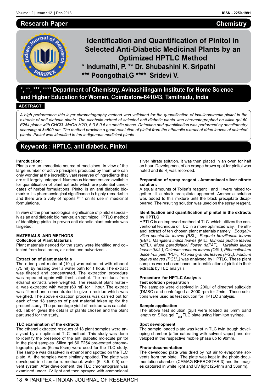 Identification and Quantification of Pinitol in Selected Anti-Diabetic Medicinal Plants by an Optimized HPTLC Method * Indumathi, P