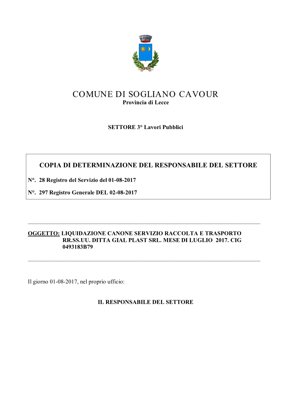 COMUNE DI SOGLIANO CAVOUR Provincia Di Lecce