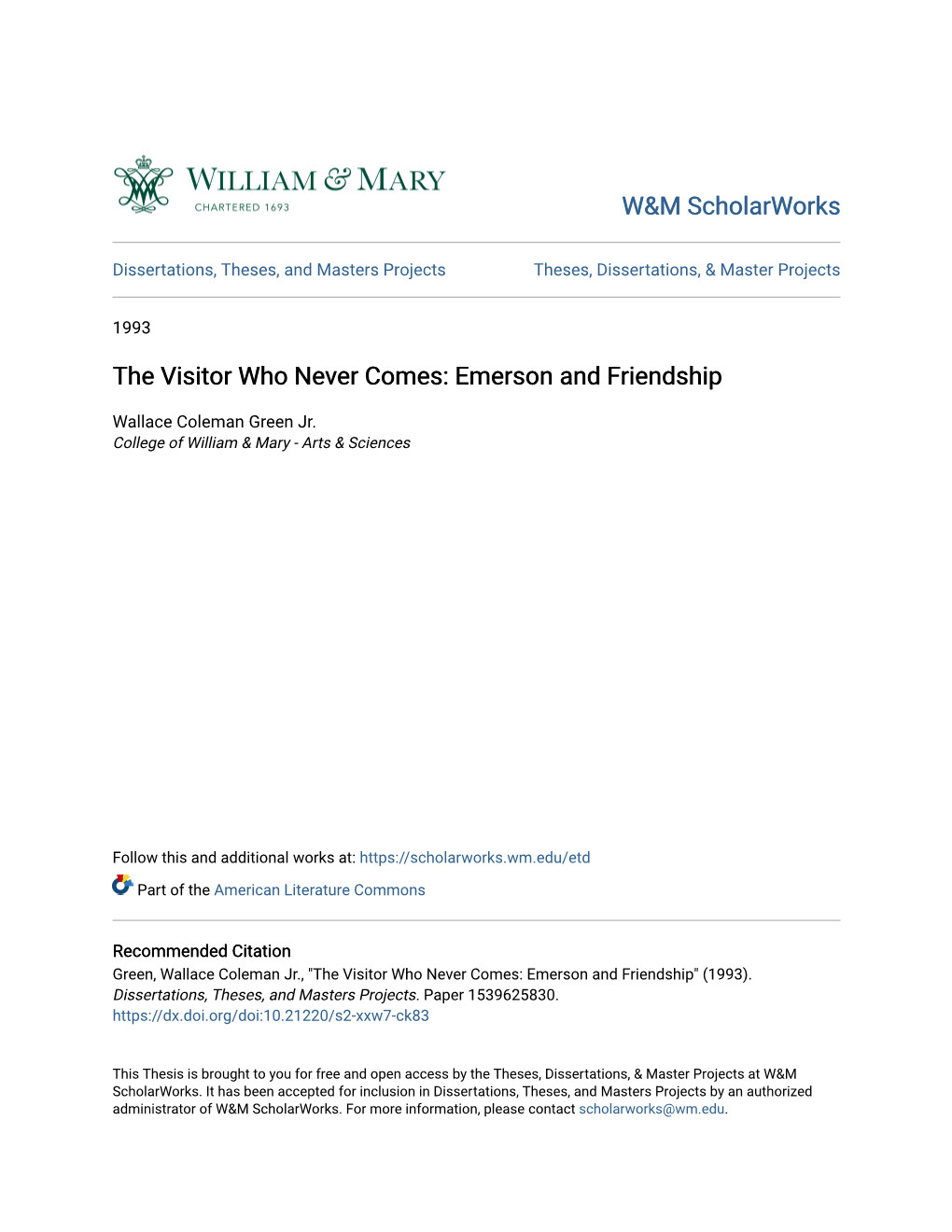 The Visitor Who Never Comes: Emerson and Friendship