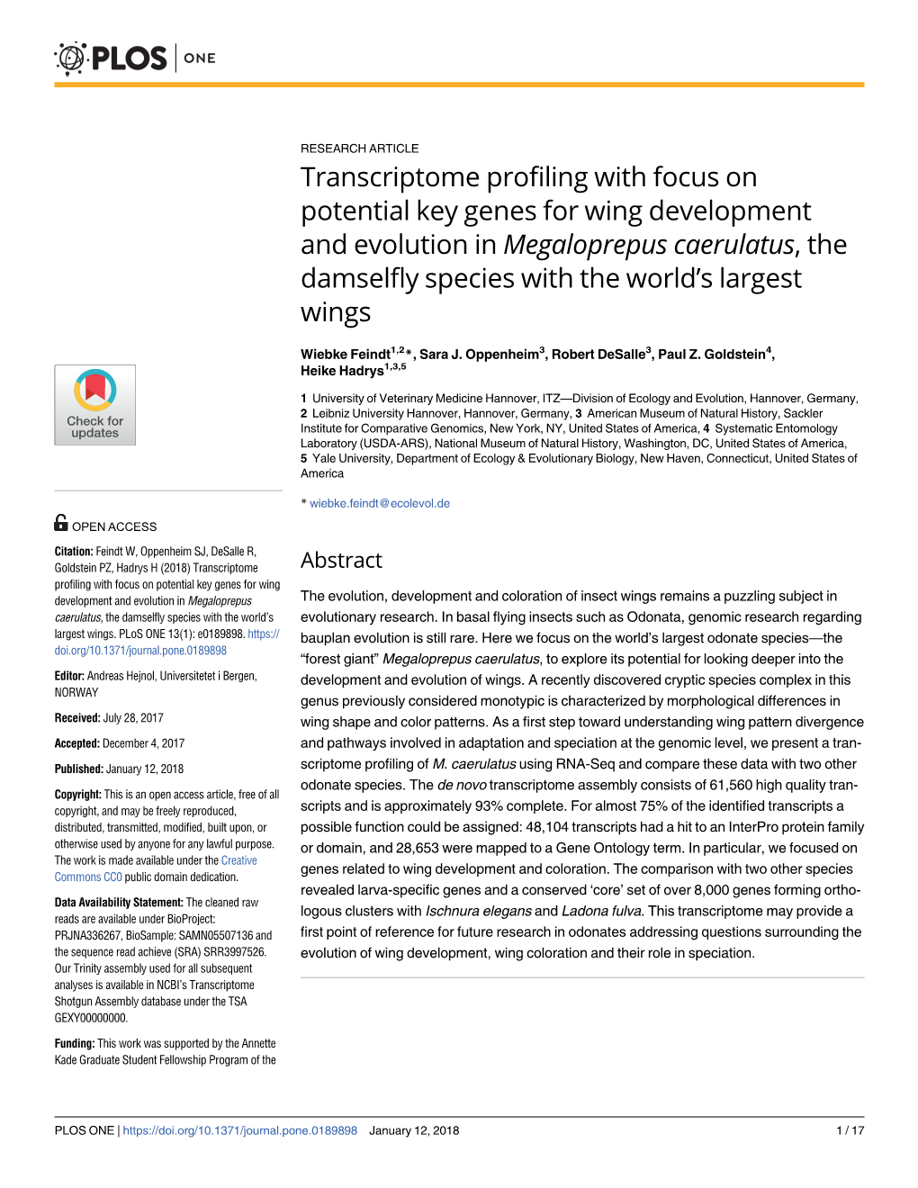 Transcriptome Profiling with Focus on Potential Key Genes for Wing Development and Evolution in Megaloprepus Caerulatus, the Damselfly Species with the World's Largest Wings