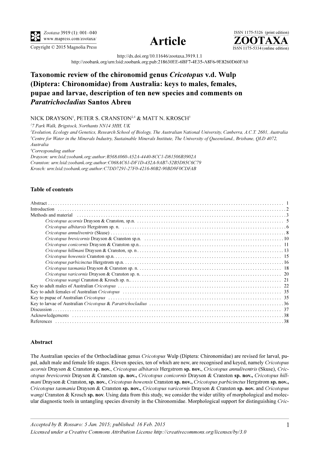 Taxonomic Review of the Chironomid Genus Cricotopus V.D. Wulp