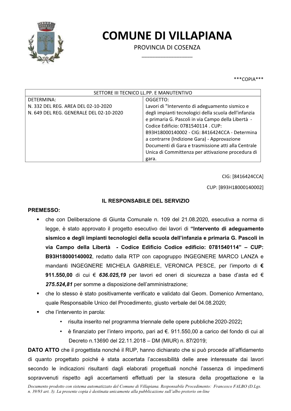 Comune Di Villapiana Provincia Di Cosenza ______