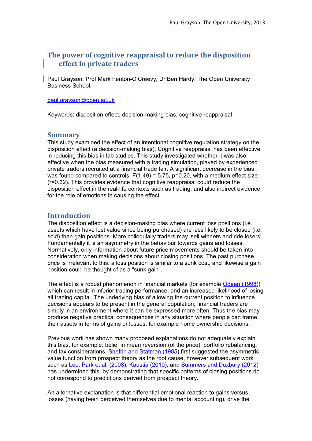 The Power of Cognitive Reappraisal to Reduce the Disposition Effect in Private Traders