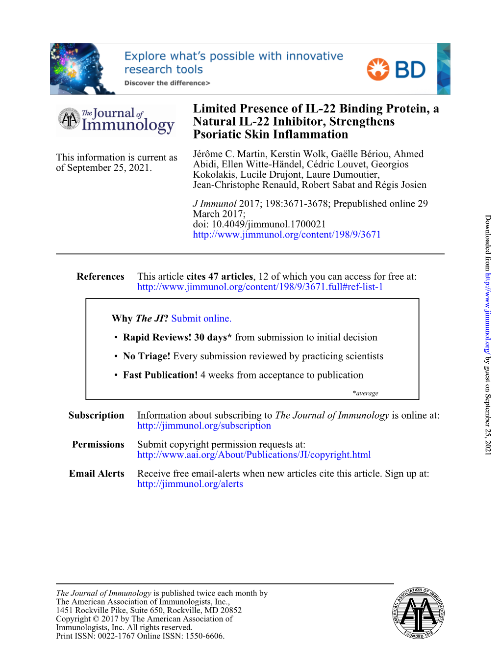 Limited Presence of IL-22 Binding Protein, a Natural IL-22 Inhibitor, Strengthens Psoriatic Skin Inflammation