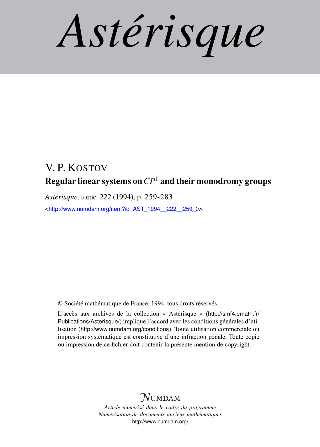 Regular Linear Systems on Cp1 and Their Monodromy Groups V.P