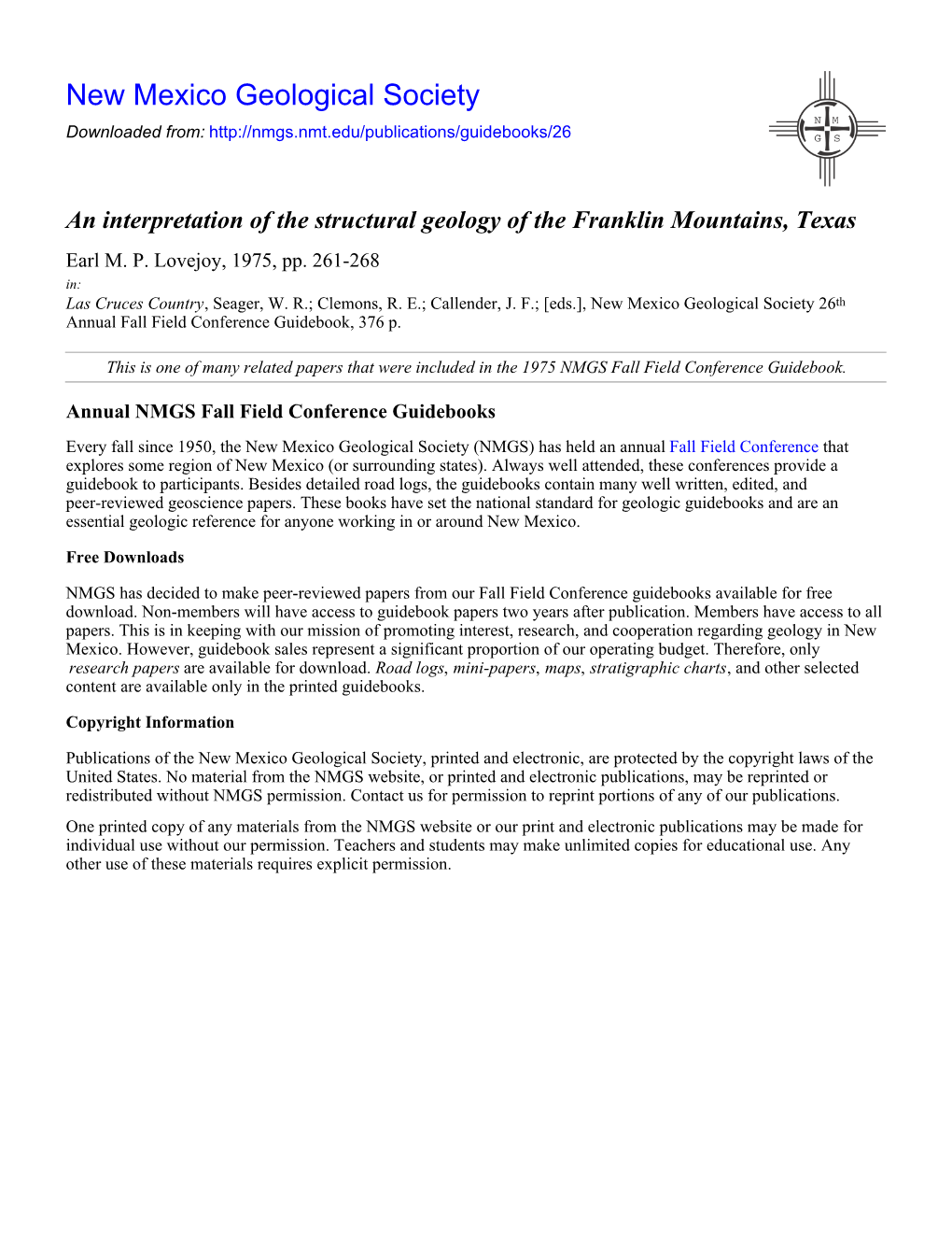 An Interpretation of the Structural Geology of the Franklin Mountains, Texas Earl M