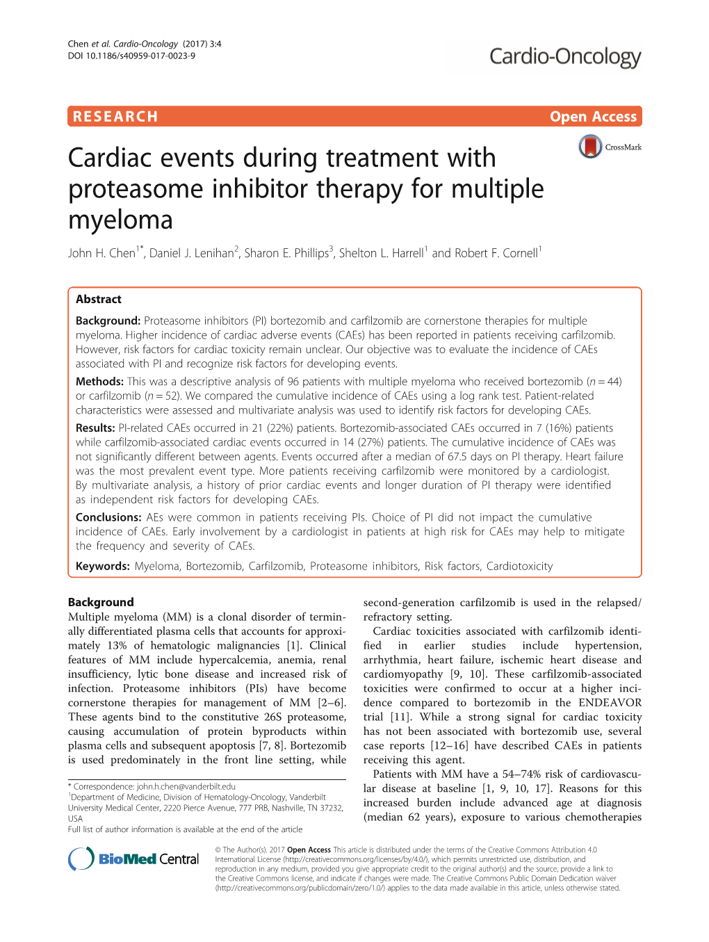 Cardiac Events During Treatment with Proteasome Inhibitor Therapy for Multiple Myeloma John H