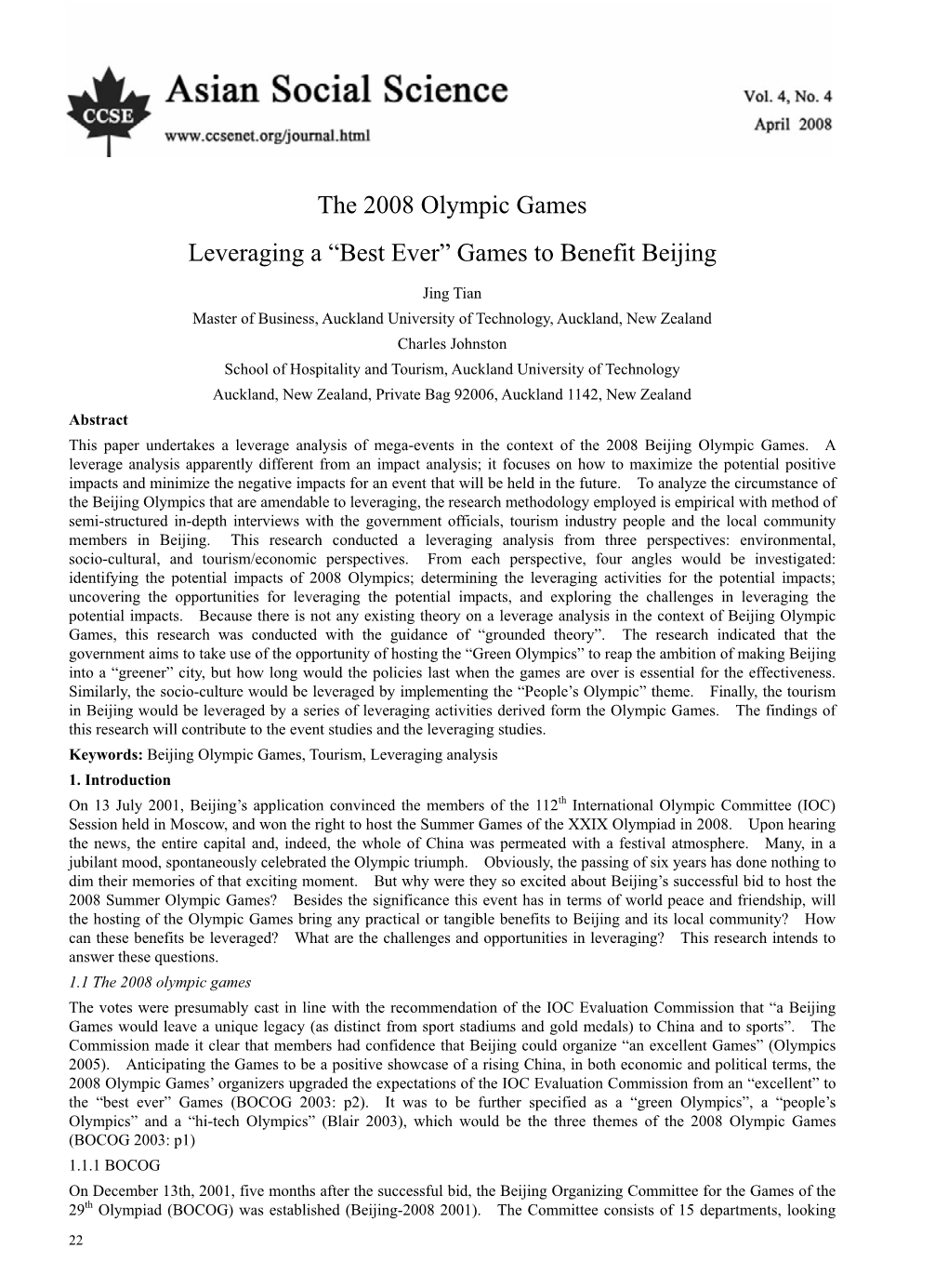The 2008 Olympic Games Leveraging a “Best Ever” Games to Benefit Beijing