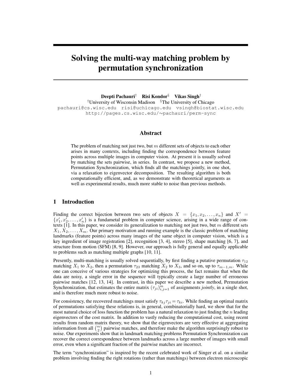 Solving the Multi-Way Matching Problem by Permutation Synchronization