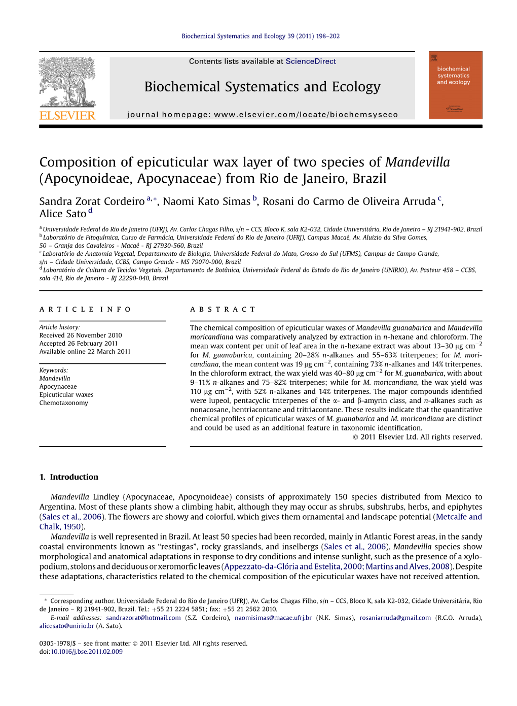 Composition of Epicuticular Wax Layer of Two Species of Mandevilla (Apocynoideae, Apocynaceae) from Rio De Janeiro, Brazil