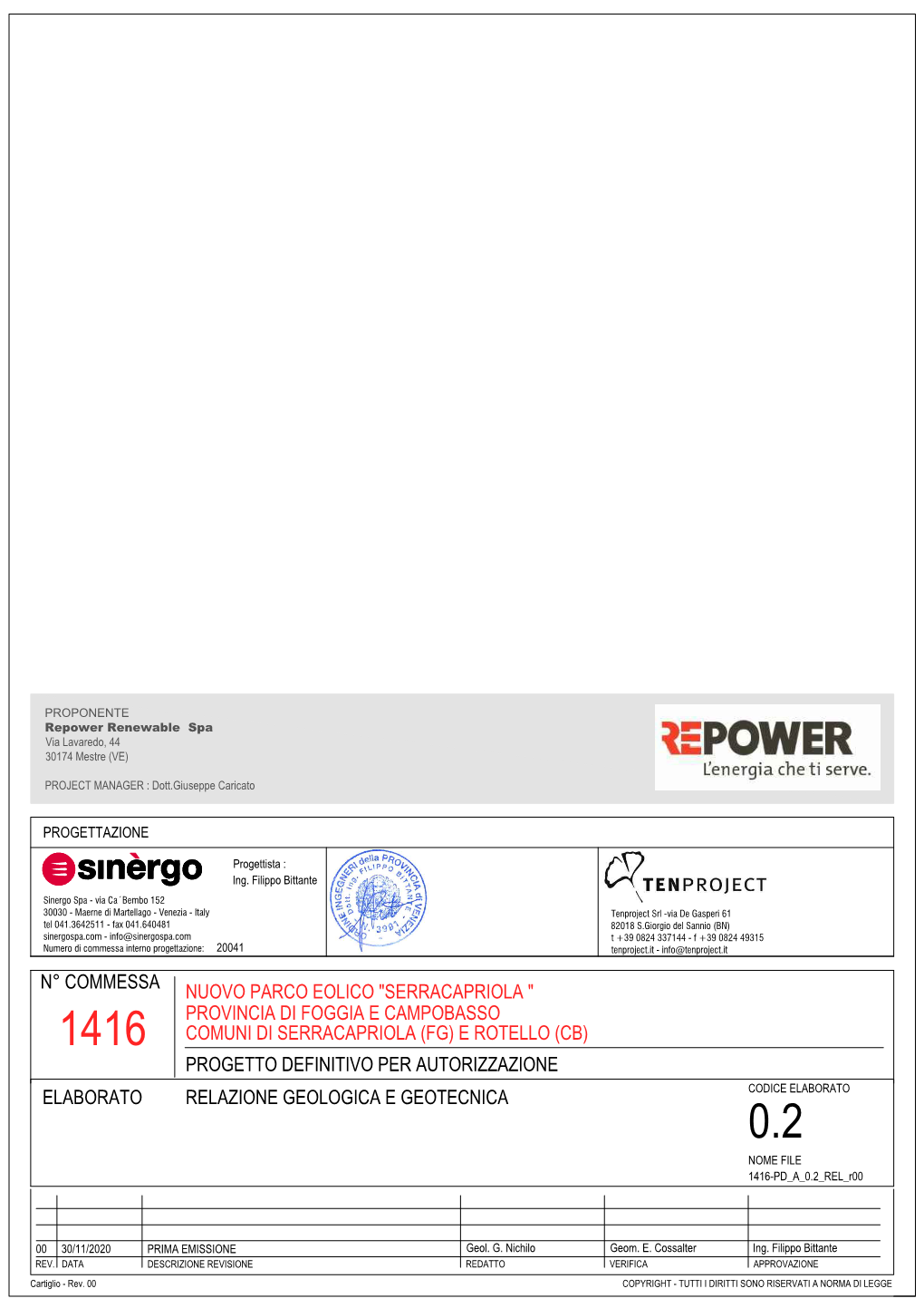 N° Commessa Elaborato Progetto Definitivo Per Autorizzazione Comuni Di Serracapriola (Fg) E Rotello (Cb) Provincia Di Foggia E