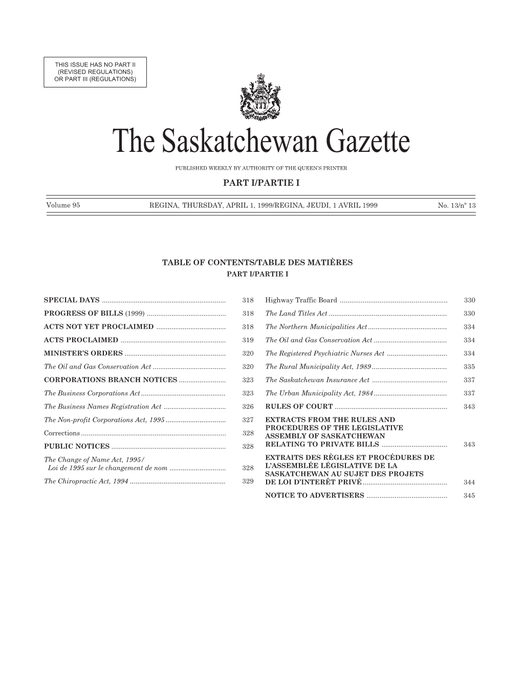 Sask Gazette, Part I, Apr 1, 1999