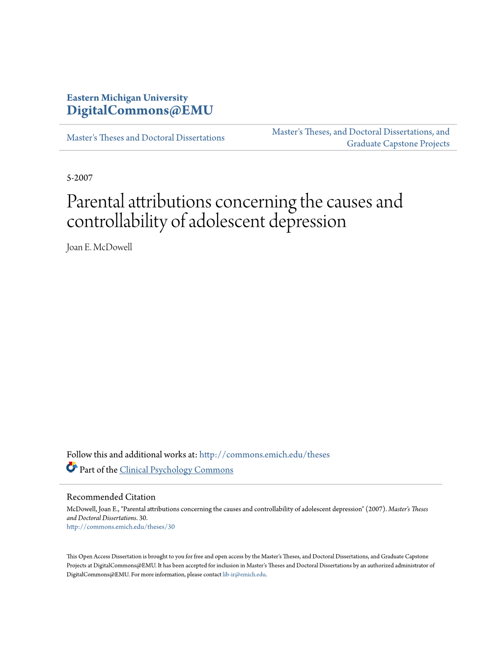 Parental Attributions Concerning the Causes and Controllability of Adolescent Depression Joan E