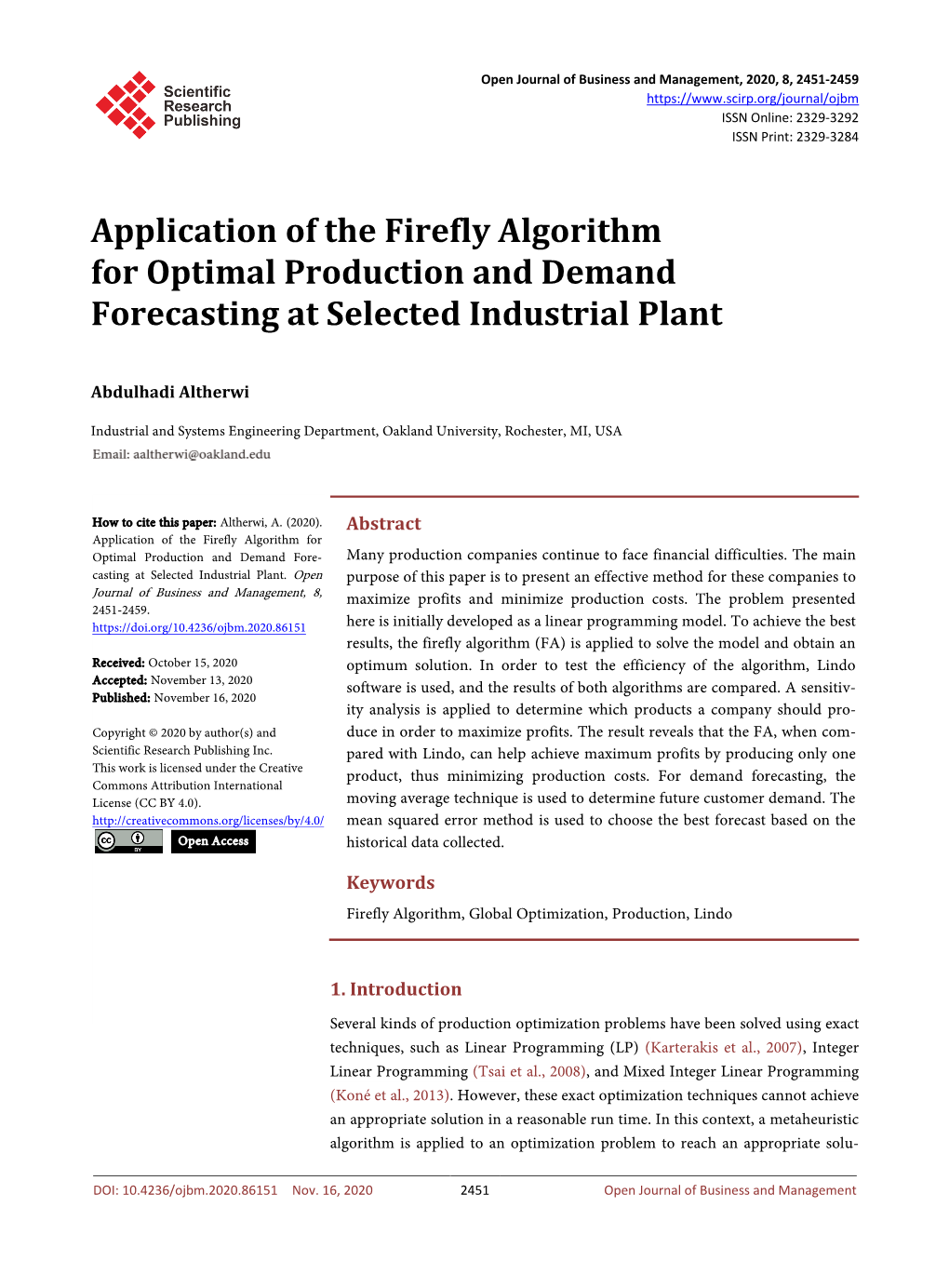 Application of the Firefly Algorithm for Optimal Production and Demand Forecasting at Selected Industrial Plant