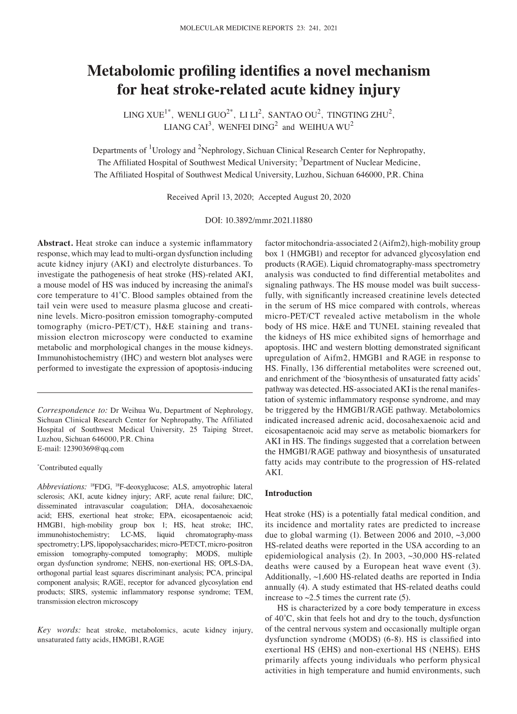 Metabolomic Profiling Identifies a Novel Mechanism for Heat Stroke‑Related Acute Kidney Injury